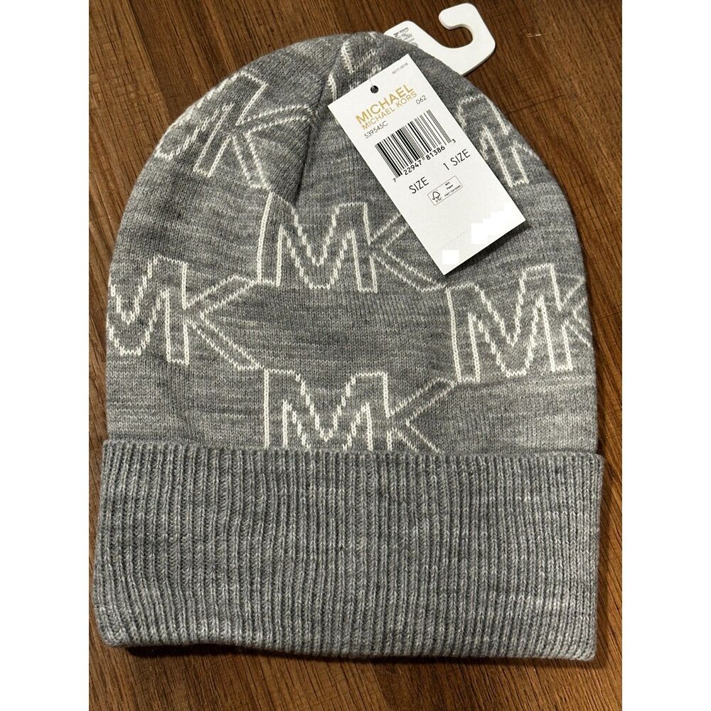 Michael Kors Gray Monogram Knitted Beanie Hat NWT